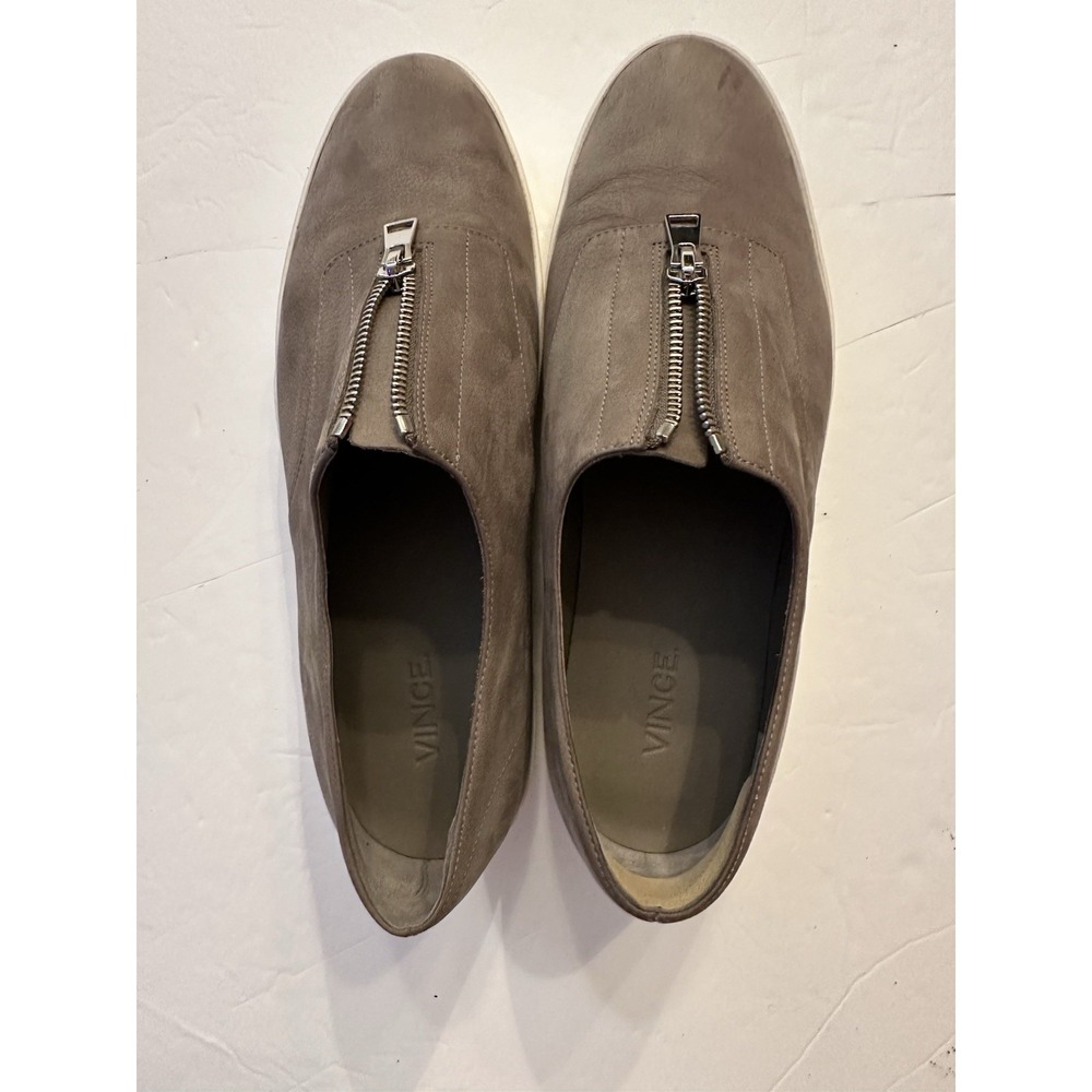 Vince Warren Suede Front Zip Platform Sneakers Taupe Greige Slip On Shoes W S9